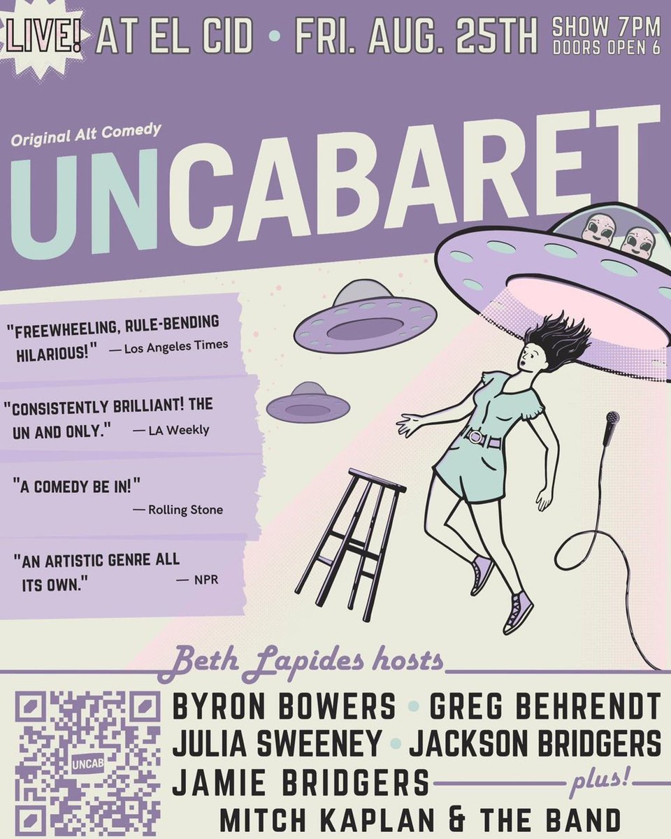 UnCabaret (@uncabaret) on Twitter photo Tmrw nite - Fri 8/25 we beam you up <a href="/elcidsunset/">El Cid</a>! <a href="/bethlapides/">Beth Lapides 🎧❤️🎧</a> hosts <a href="/gregorybehrendt/">It's Greggers</a> @JuliaSweeneyMeh <a href="/byronbowers/">Byron Bowers</a> <a href="/jamielbridgers/">Jamie Bridgers</a> and special musical guest <a href="/BridgersJackson/">jackson bridgers</a> 💫 <a href="/Mitchelline/">Mitchell Kaplan</a> + the band. Doors 6 Show at 7 UnCabElCidAug25.eventbrite.com <a href="/latimes/">Los Angeles Times</a> <a href="/LAWeeklyArts/">Weekly Art Calendar</a> #losangeles Tmrw nite - Fri 8/25 we beam you up <a href="/elcidsunset/">El Cid</a>! <a href="/bethlapides/">Beth Lapides 🎧❤️🎧</a> hosts <a href="/gregorybehrendt/">It's Greggers</a> @JuliaSweeneyMeh <a href="/byronbowers/">Byron Bowers</a> <a href="/jamielbridgers/">Jamie Bridgers</a> and special musical guest <a href="/BridgersJackson/">jackson bridgers</a> 💫 <a href="/Mitchelline/">Mitchell Kaplan</a> + the band. Doors 6 Show at 7 UnCabElCidAug25.eventbrite.com <a href="/latimes/">Los Angeles Times</a> <a href="/LAWeeklyArts/">Weekly Art Calendar</a> #losangeles