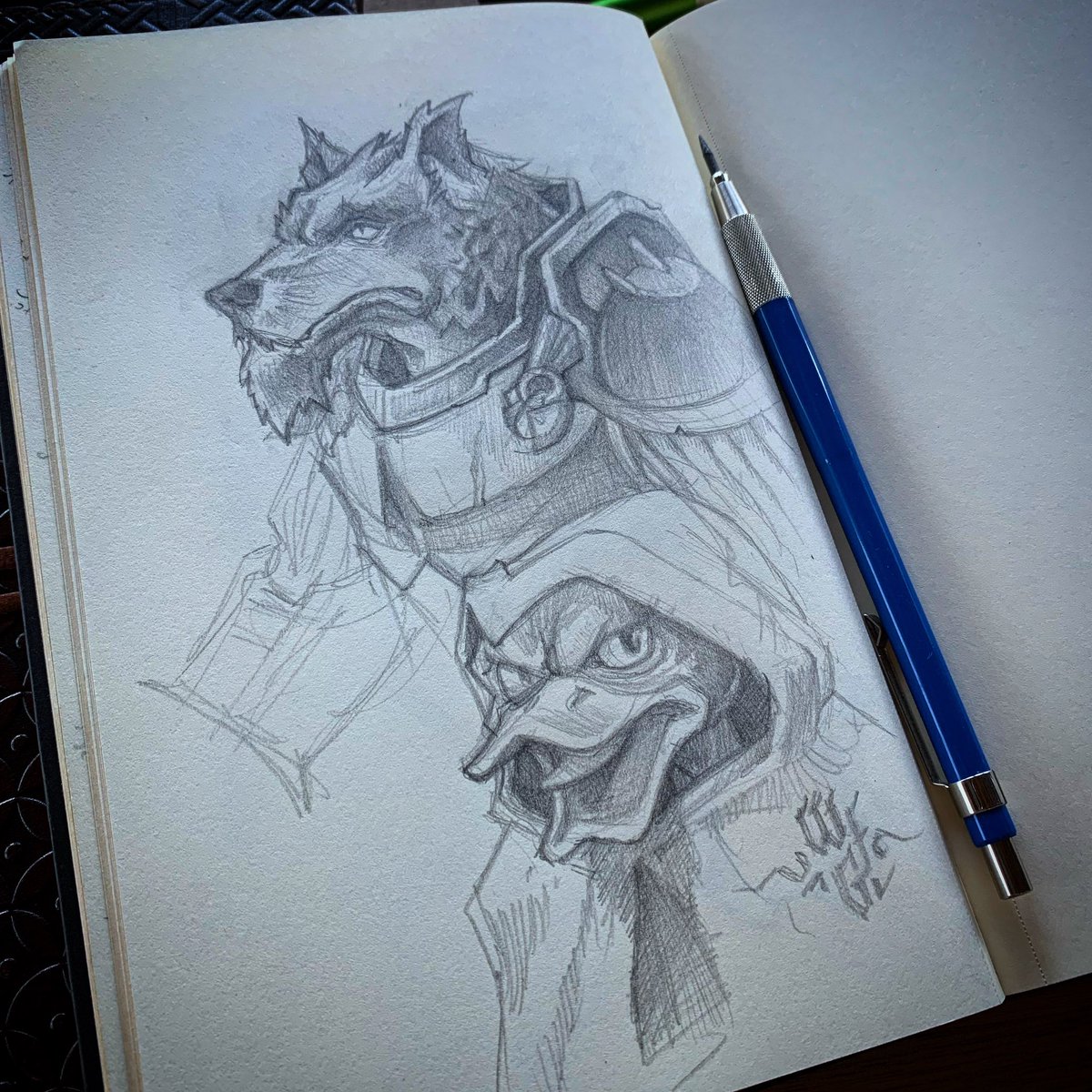 wfgWorkshop's tweet photo. Wolfkin and Mallard on my mind…
#sketchbook #doodling #dragonbane #ttrpg #playercharacters #portraits #characterdesign #fantasyart https://t.co/kfAhFkQG6V