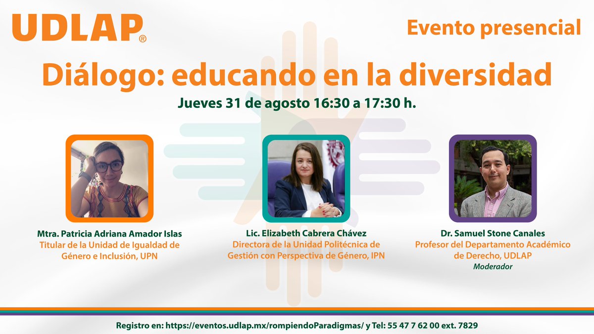 udlap's tweet photo. Asiste al foro "Rompiendo paradigmas y educando para la igualdad y la diversidad", conoce experiencias y buenas prácticas para promover una educación inclusiva. #UDLAPConecta
Registro: https://t.co/uHGhWAky3C
📍 UDLAP extensión CDMX, Reforma 180, piso 16
🗓️ 31 de agosto https://t.co/4vncWserVV