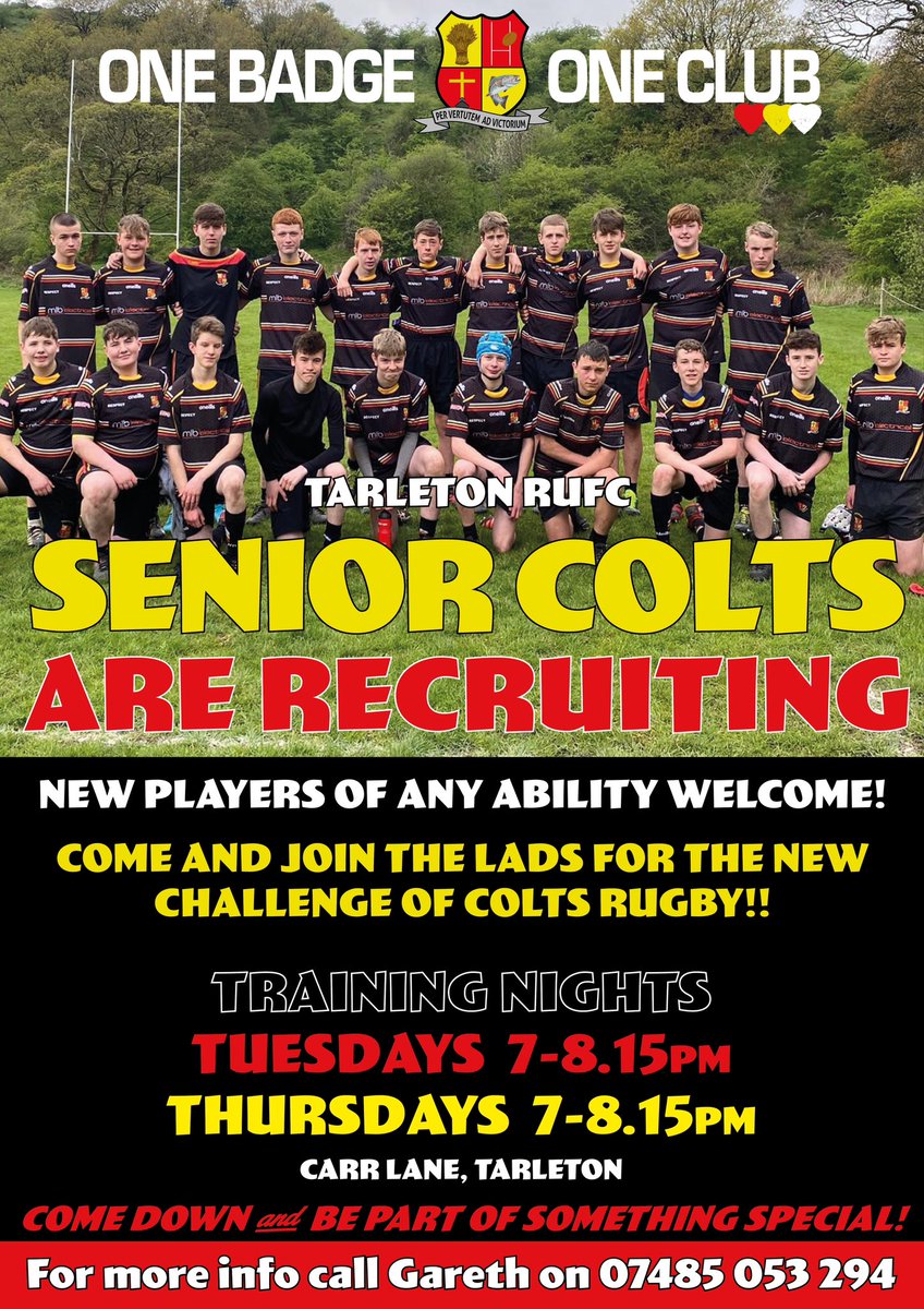 TRUFC SENIOR COLTS ARE RECRUITING……

Come and join us at Carr Lane for training; Tuesdays &amp; Thursdays 7pm - 8.15pm! 

ALL NEW PLAYERS WELCOME OF ANY ABILITY!! 

Want to know more contact Gareth on 07485 053 294

#onebadgeoneclub 
#wearetarleton 
❤️💛🖤