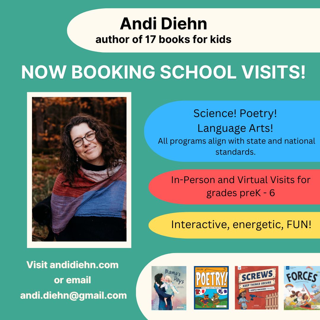 Teachers! Librarians! Educators! My programs are about: energy, waves, forces, simple machines, poetry, scientists, being a writer, being an editor, and even Shakespeare. andidiehn.com 
#classroom #authorvisits #education #kidlit #childrensbooks #teachers