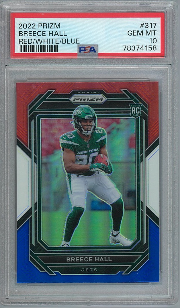 MacksPacks's tweet photo. Breece Hall 2022 Prizm Red/White/Blue RC PSA 10!
$85 shipped! DM me if interested! Poised for a monster season even with Cook in the RB stable!
@CardPurchaser 
#NYJets #NFL #Panini #whodoyoucollect #thehobby https://t.co/L1Z7xZEKLW