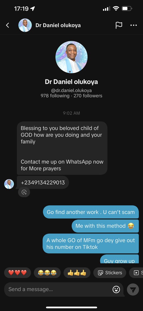 @MountainOfFire_ This handle on Tiktok is attempting to scam people . I for sure knkw that the GO of a church like MFM won’t be in people  DM asking them to chat him up . Please take note .