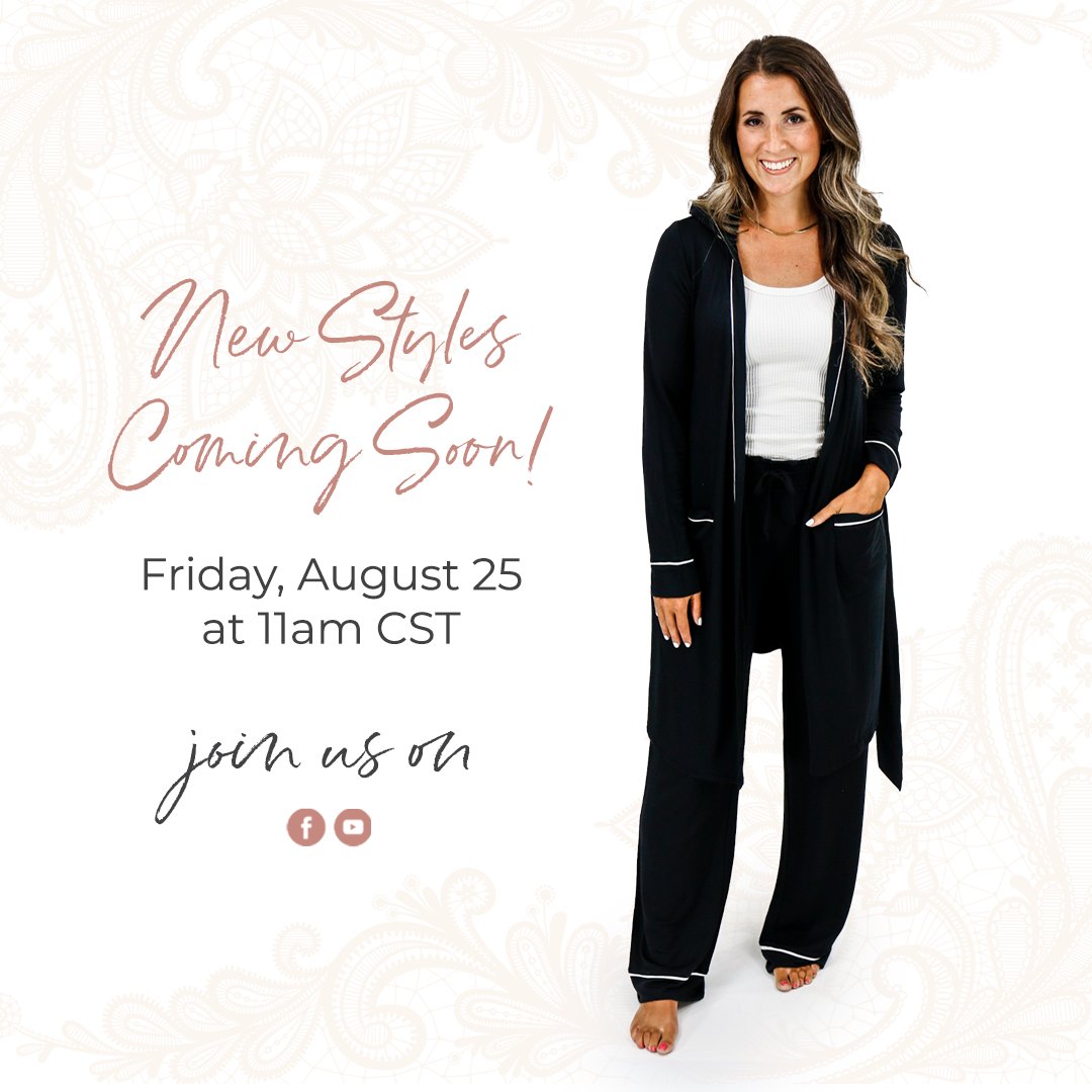 GraceandLaceCo's tweet photo. Elevated, comfy favorites coming your way! Join us this Friday, August 25th at 11am CST for the return of our Best|Rest sleepwear line plus more lounge-worthy looks that'll have you ready for cooler temps! https://t.co/QCEubEDtAC