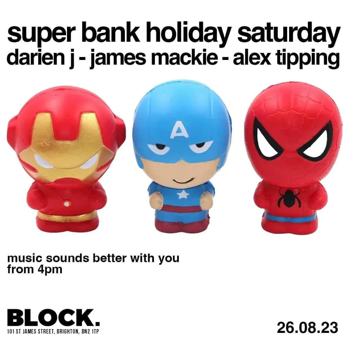 A day of great music, food, cocktails and hopefully some sunshine with these superheroes on Saturday at Block Bar.  Kitchen and garden. 🔈 🎵 🎶 

#BrightonDJs, #BrightonNightlife, #BrightonMusic, #BrightonNightOut, #BrightonClubbing, #BrightonParties, #BrightonNightclubs