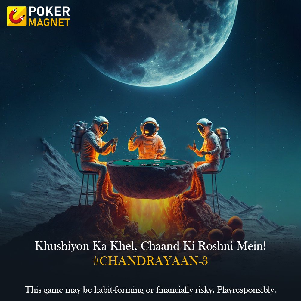 MagnetPoker's tweet photo. Let's celebrate Chandrayaan 3's incredible achievement while playing poker in the embrace of the moon's magnificence.

#proudtobeanindian

#poker #pokermagnet #chandrayaan3 #chandrayaan3landing #moonmission #isro #skillgame #khushiyonkakhel #chandkiroshnimein https://t.co/Zv9AKmz4Ah