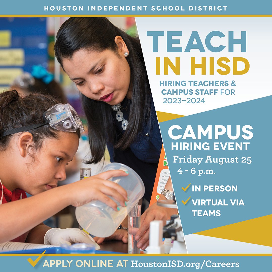 HoustonISD's tweet photo. Don't miss our hiring event on Friday, August 25th! Swipe to discover our current needs. Let's create brighter tomorrows together! See you there 😉 
Register here --> https://t.co/Y6OWVpoVhx

🗓️ 8/25/23
🕛 4pm - 6pm
📍 Hattie Mae White Center &amp; via MS Teams
✅ Bring your resume https://t.co/7zyP5xqPkl