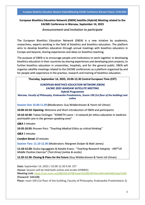 Looking forward to participate in the European #Bioethics Education Network (EBEN) on 14 Sept 2023. A satellite meeting to this year's 
#EACME Conference. You'd be welcome to join either in person or via Zoom. Full details below 👇 #researchintegrity #ethics #education