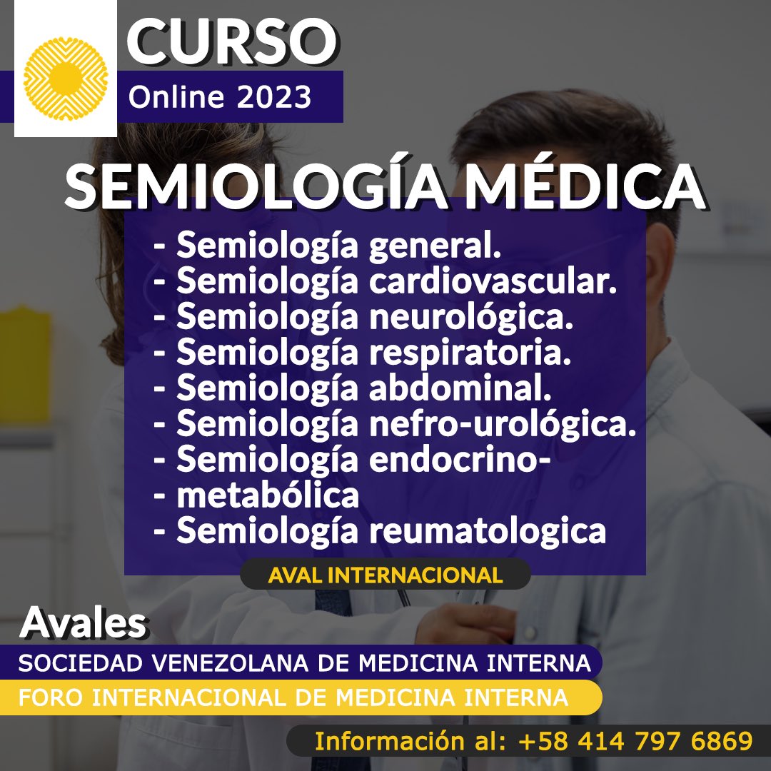 NUEVO CURSOS ONLINE DISPONIBLE 🆗‼️ ✅ Avalado por la Sociedad Venezolana de Medicina Interna (SVMI) 🆗 ✅ Aval internacional de 60 horas crédito para cada curso otorgado por el Foro Internacional de Medicina Interna (FIMI) ‼️ información a través de : 📲+58 414 797 6869