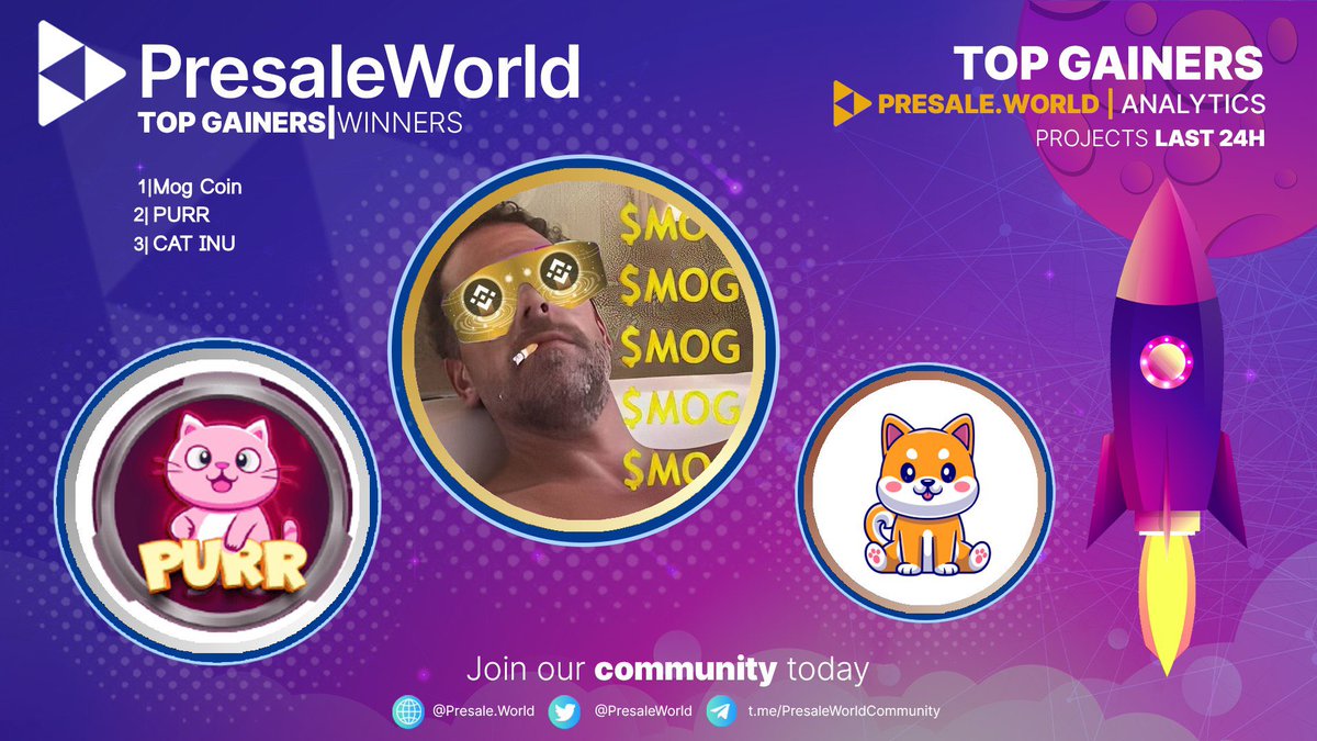 Top Gainers on Presale.World!

1. Mog Coin • @mogbsc
2. PURR • <a href="/purr_coin/">Purr Coin</a>
3. CAT INU • @catinu2023
4. Hulk Mem Coach • <a href="/HULKMEMCOACH/">HULK MEM COACH BSC</a>
5. Zero Knowledge Network • <a href="/0Knowledge_net/">Zero Knowledge Network</a>

To see a list of all the top gainers, head over to presale.world/launches/top-g…

#crypto