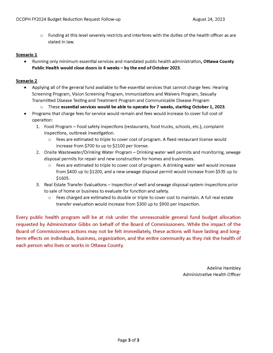 miOCDPH's tweet photo. Adeline Hambley has responded to Administrator Gibbs’ request to produce a revised budget. Upon analysis, these revisions amount to an 88% reduction in general funds for services, which will almost certainly close the health department within weeks of its implementation. https://t.co/vhFhBNkzDY