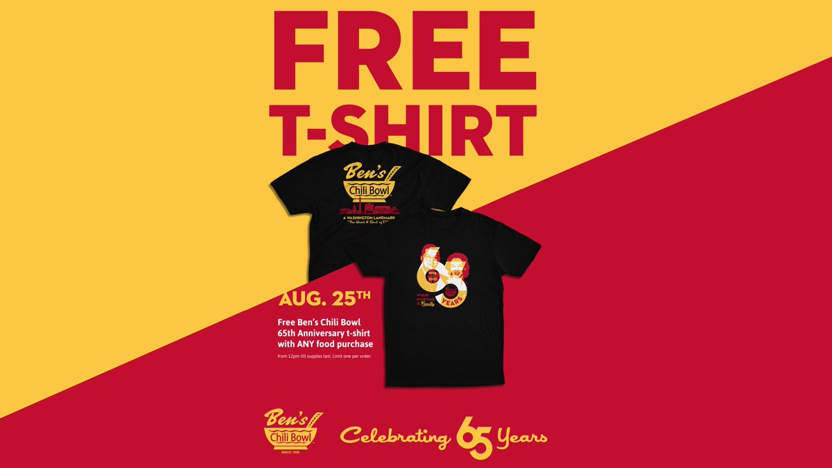 Big day tomorrow! We're celebrating @benschilibowl 65th Anniversary from 12-3pm near the C Gates. Get a free t-shirt with any food purchase (while supplies last) and enjoy music by @SiriusCompanyDC!