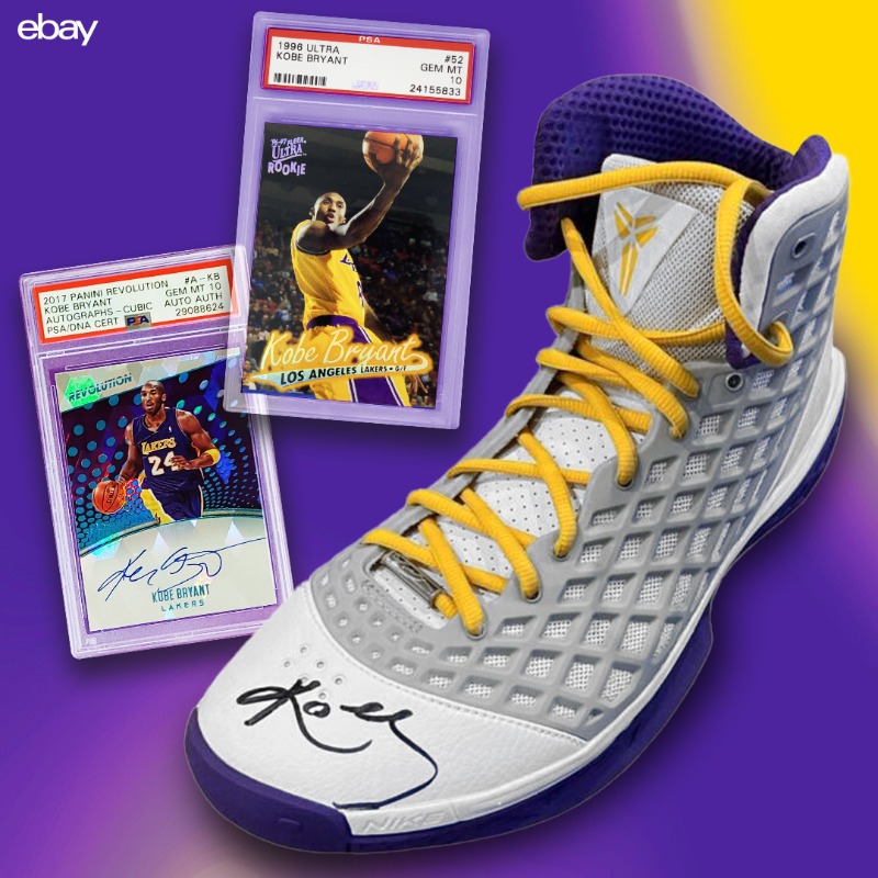eBay's tweet photo. The game isn't the same without you, Mamba. Leader of a five-ring dynasty. The rare MJ heir who actually ascended. The heart of LA for over two decades. Celebrate Kobe on 8/24 with rare and signed merch you can’t find anywhere else. What's Mamba mean to you? #ForMamba