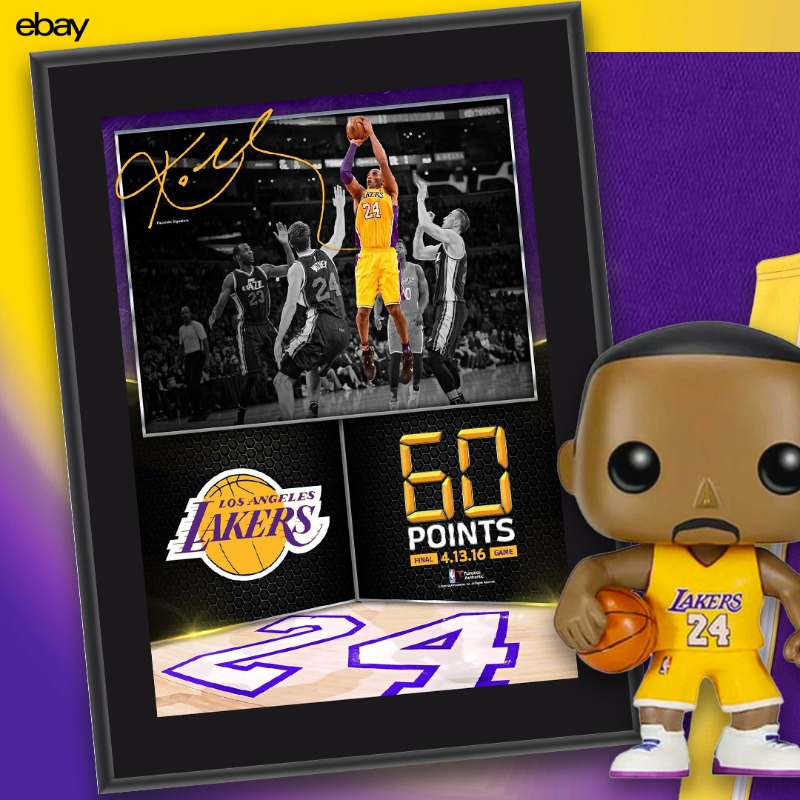 eBay's tweet photo. The game isn't the same without you, Mamba. Leader of a five-ring dynasty. The rare MJ heir who actually ascended. The heart of LA for over two decades. Celebrate Kobe on 8/24 with rare and signed merch you can’t find anywhere else. What's Mamba mean to you? #ForMamba