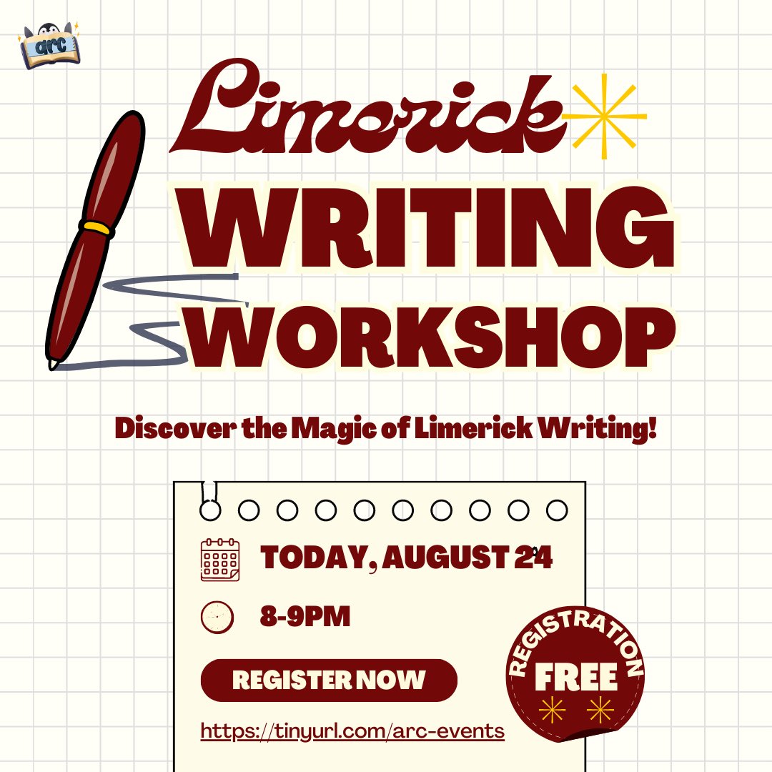 Hey everyone! We will be running our LIMERICK writing workshop TONIGHT from 8-9pm. Discover the magic of poem writing and learn how to create your very own limerick📝📝✨✨

Join through this link at 8:00pm tonight: 
eventbrite.ca/o/arctic-readi…

We look forward to seeing you there!!