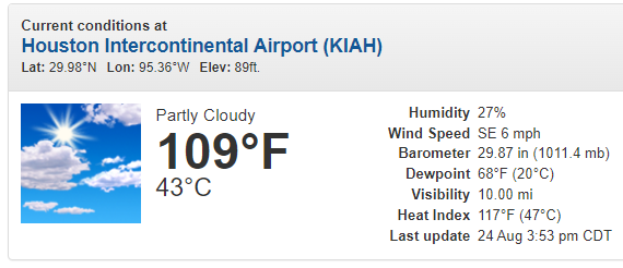 AnthonyFranzeWX's tweet image. Houston just hit 109 degrees, tied for the hottest temperature ever recorded in the city #txwx