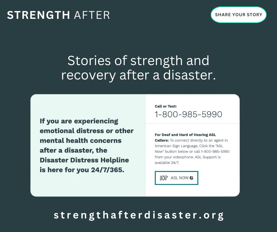 distressline's tweet photo. Want to share your story of strength and recovery after a #disaster? Check out #StrengthAfter - https://t.co/DRBmRfCzBf. Site visitors can also browse stories from a variety of sources by type of disasters. π https://t.co/POlGZPQVx1