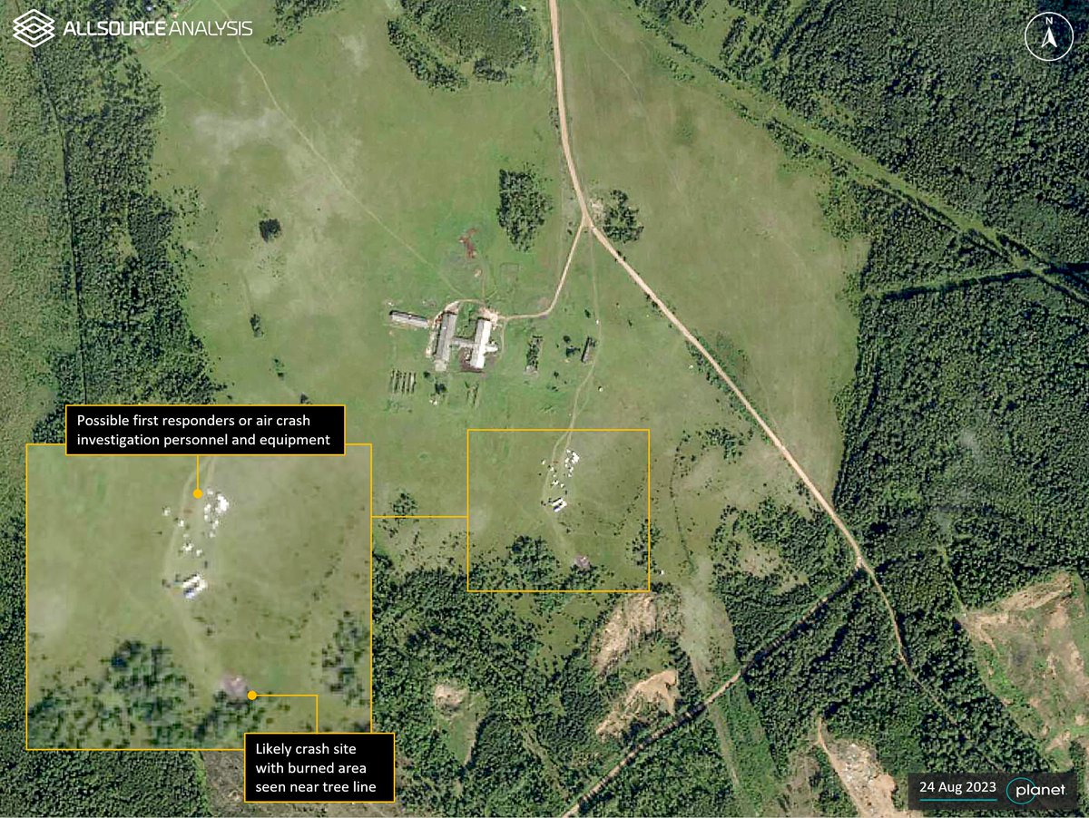 Analysis of GEOINT on 24 August 2023, reveals a likely plane crash site near Kuzhenkino, Russia. bit.ly/2oeCGCj #GEOINT #Geospatial #Intelligence #Russia #Kuzhenkino #Prigozhin