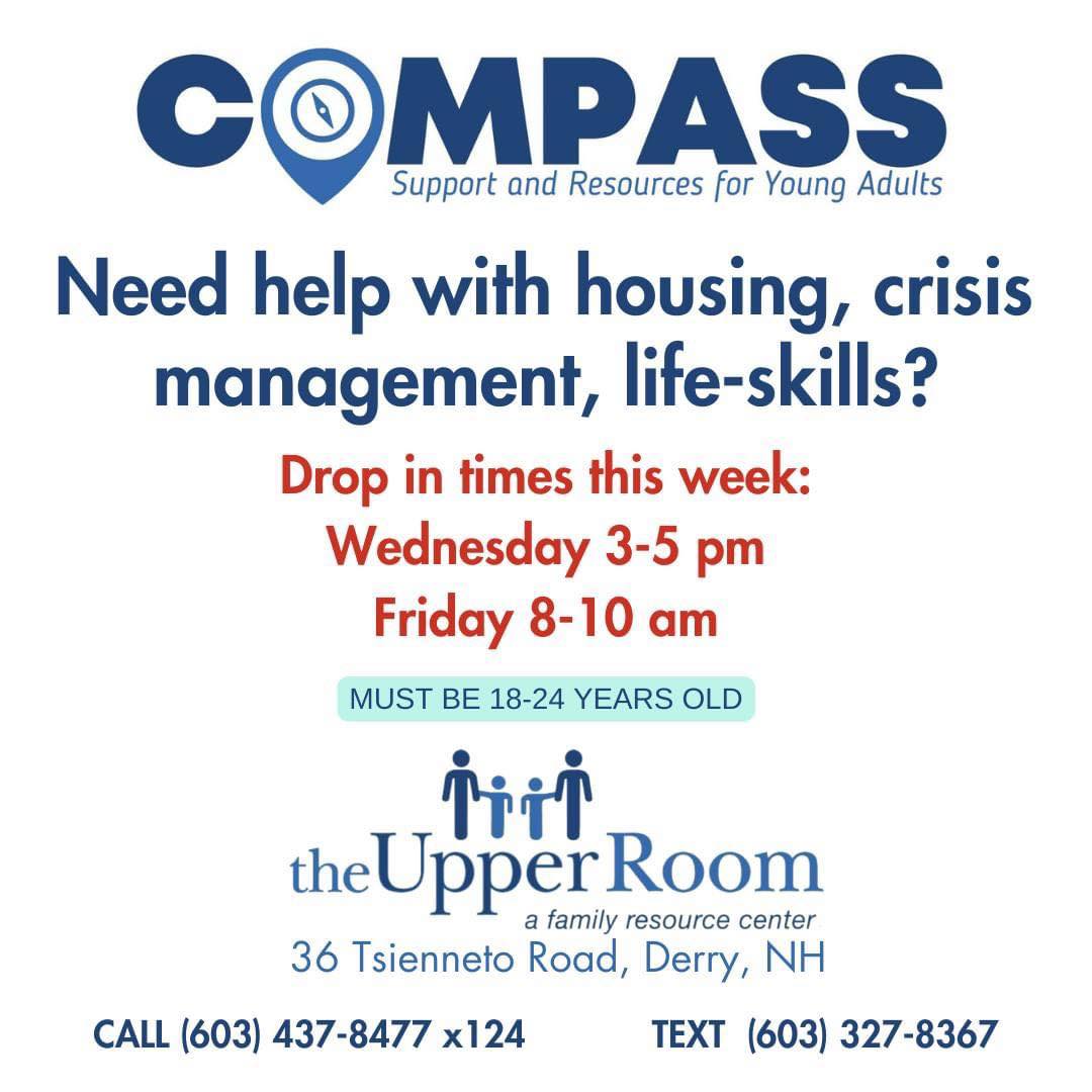 The Upper Room's COMPASS program offers support and resources for young adults. The next drop in time is Friday from 8-10 am.