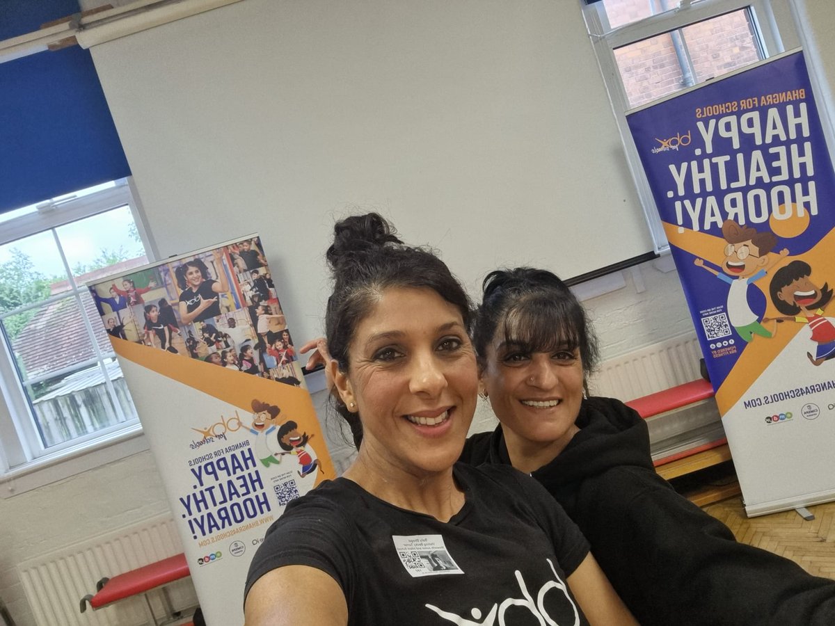 Neelam and I warming up before a whole day of Bhangra Dance Fitness Workshops with the children at Minworth Junior &amp; Infant School in Sutton Coldfield. Year 6 smashed the Bhangra!!!!👌👌👌