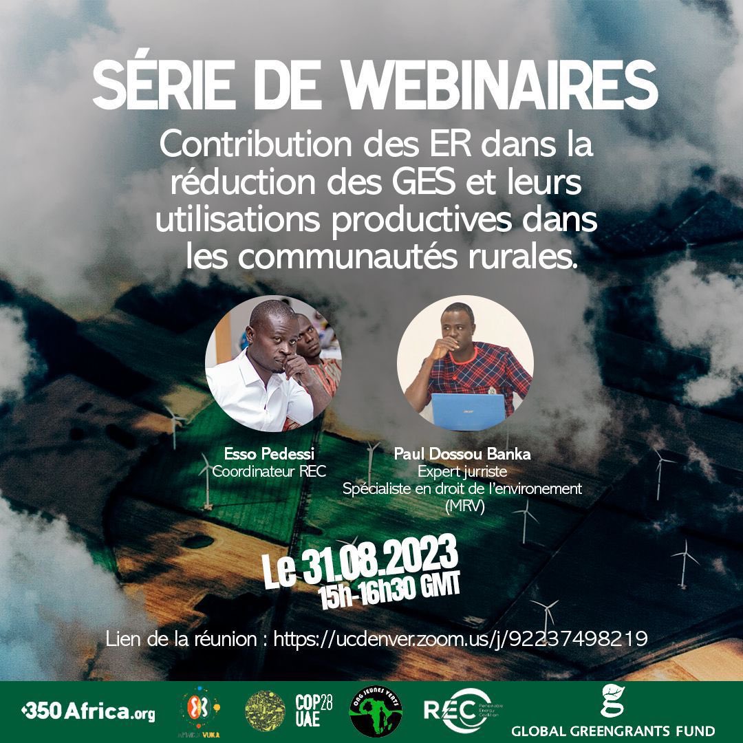 #REC_Togo

Nous vous invitons pour notre deuxième webinar

@350Afrique @GreengrantsFund  #Solar4Schools #AfrikaVuka #Renewables4Africa #REC_Togo
#REC_Togo

ucdenver.zoom.us/j/92237498219