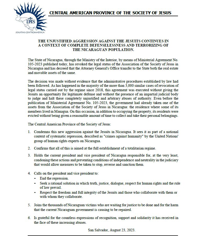 The #Jesuits of Canada and the United States continue to express solidarity with the Jesuits in #Nicaragua after the government revoked the Society’s legal status in Nicaragua. Read the translated statement from the Central American Province: ow.ly/JUoF50PE8f6
