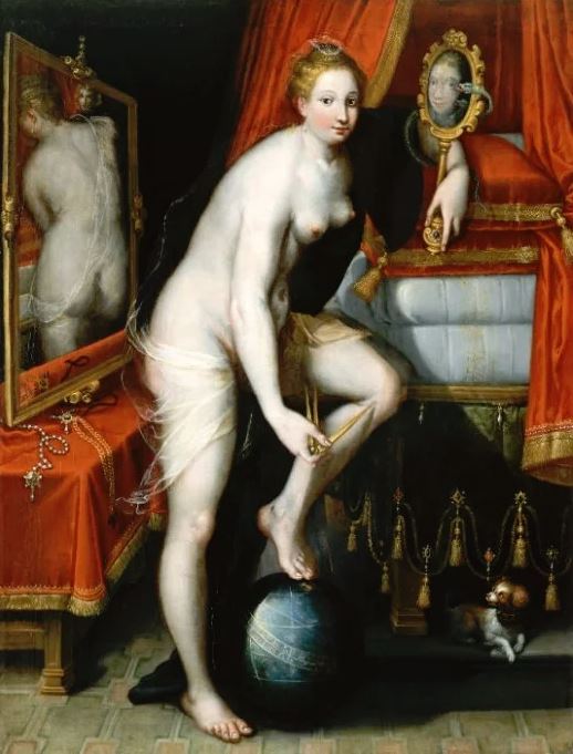 2/2  Is she Prudence with her mirror and snake, or Urania (muse of Astronomy) with her globe and dividers? Either way, she is a nude with a dog, and she was painted by Lavinia Fontana.