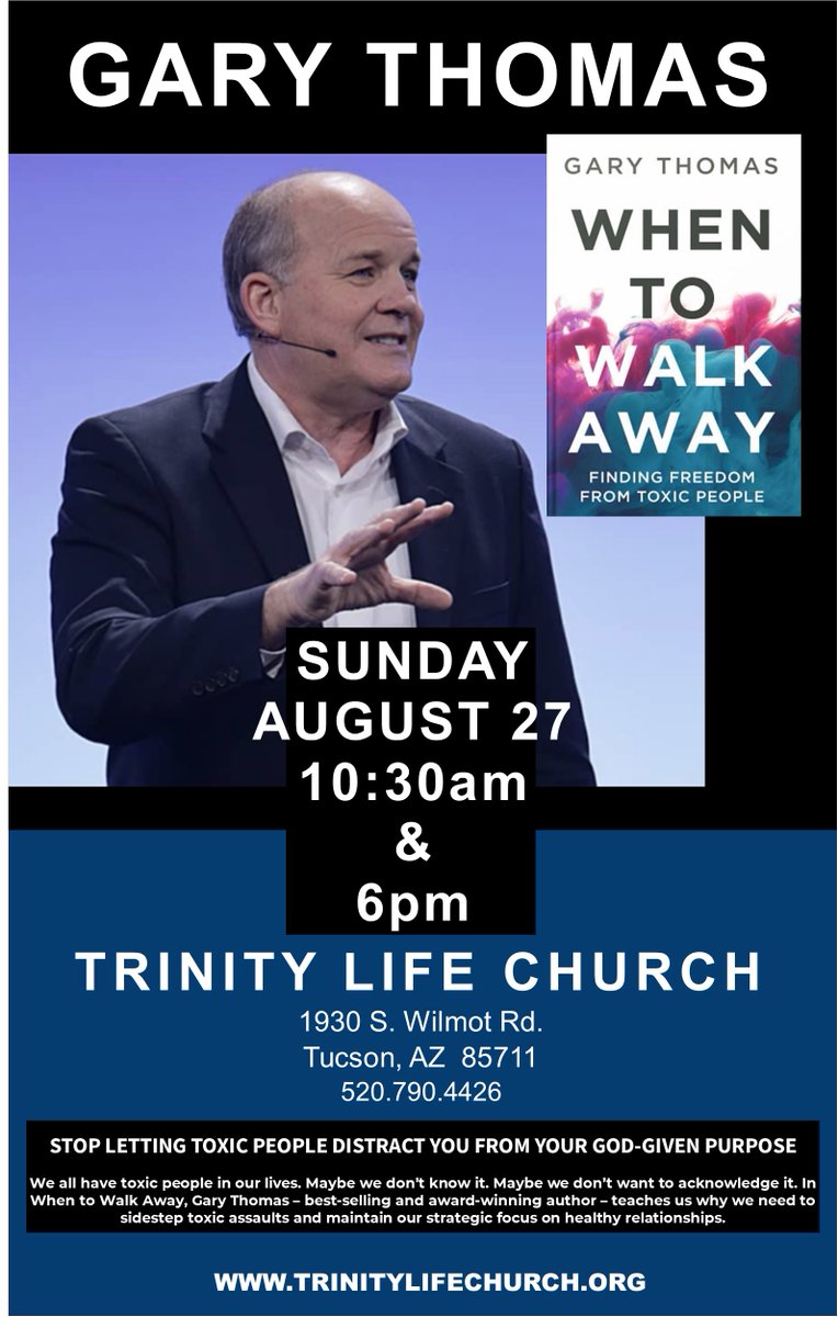 garyLthomas's tweet photo. Hey Tucson! Gary will be speaking on When to Walk Away at Trinity Life Church, Sunday, August 27th at 10:30 am and 6 pm. Don't miss it!
#garythomas #authorgarythomas #garythomasbooks #trinitylifechurch #whentowalkaway https://t.co/gAasz7RByp