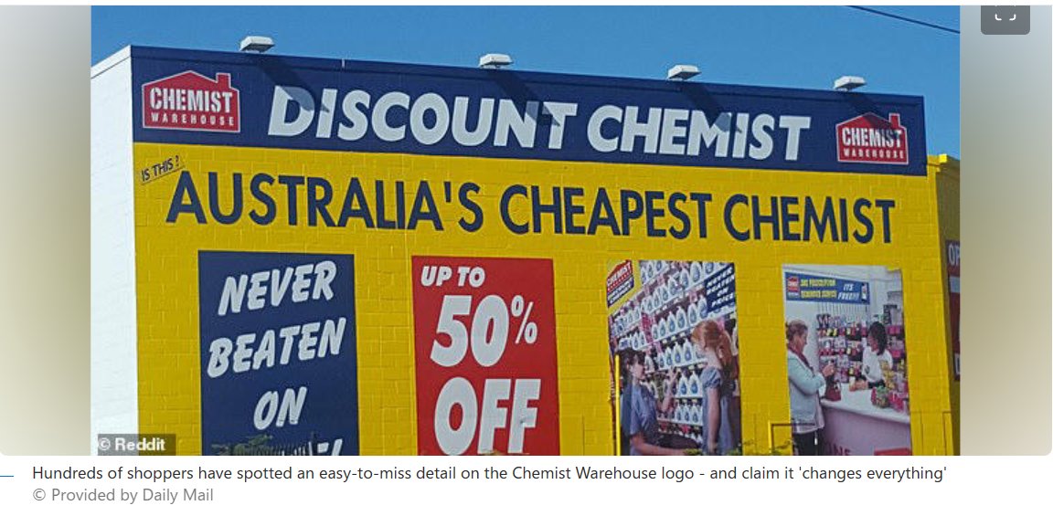 lynlinking's tweet photo. 'Sneaky' detail spotted in Chemist Warehouse logo the slogan 'Australia's cheapest chemist' but only a few would have seen beside phrase, in much smaller letters the words 'Is this?' turning what seemed a bold claim into a meeker question.
 https://t.co/82hIiNCwBQ c @WgarNews https://t.co/3ark8yjzNP