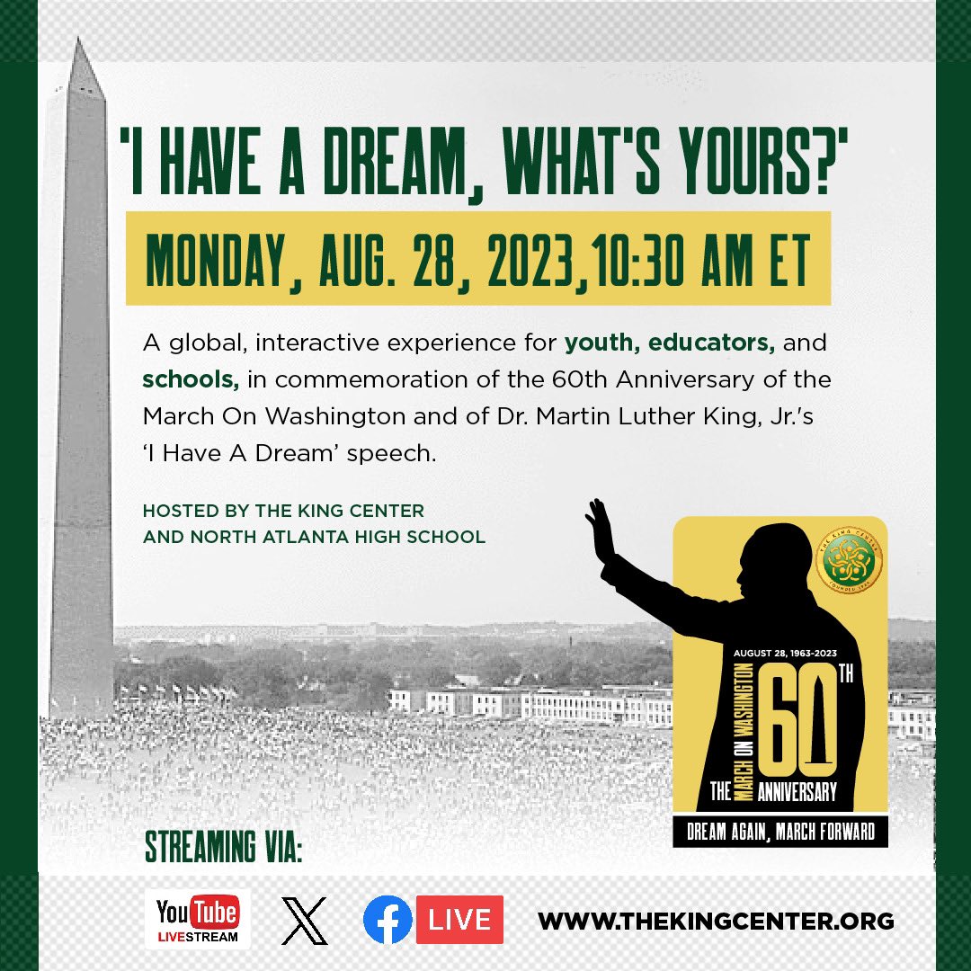 We are only 4 days away from the 60th anniversary of the historic #MarchonWashington for Jobs and Freedom and Dr. Martin Luther King, Jr.’s famous #IHaveADream speech. Swipe ➡️ for more information on how to join us as we #DreamAgainMarchForward. #MLKJr #MLKLegacy