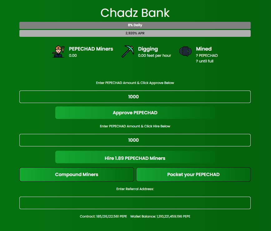PepeChad_guru's tweet photo. 💎Website updates come one after the other! 

🏦We just re-designed ChadzBank so it will be more appealing for your friends!

✅Take advantage of the 10% referral bonus by inviting your friends to stake with us!

PS: A video guide for buying and using the ChadzBank is soon coming https://t.co/v5iEuOJDAC