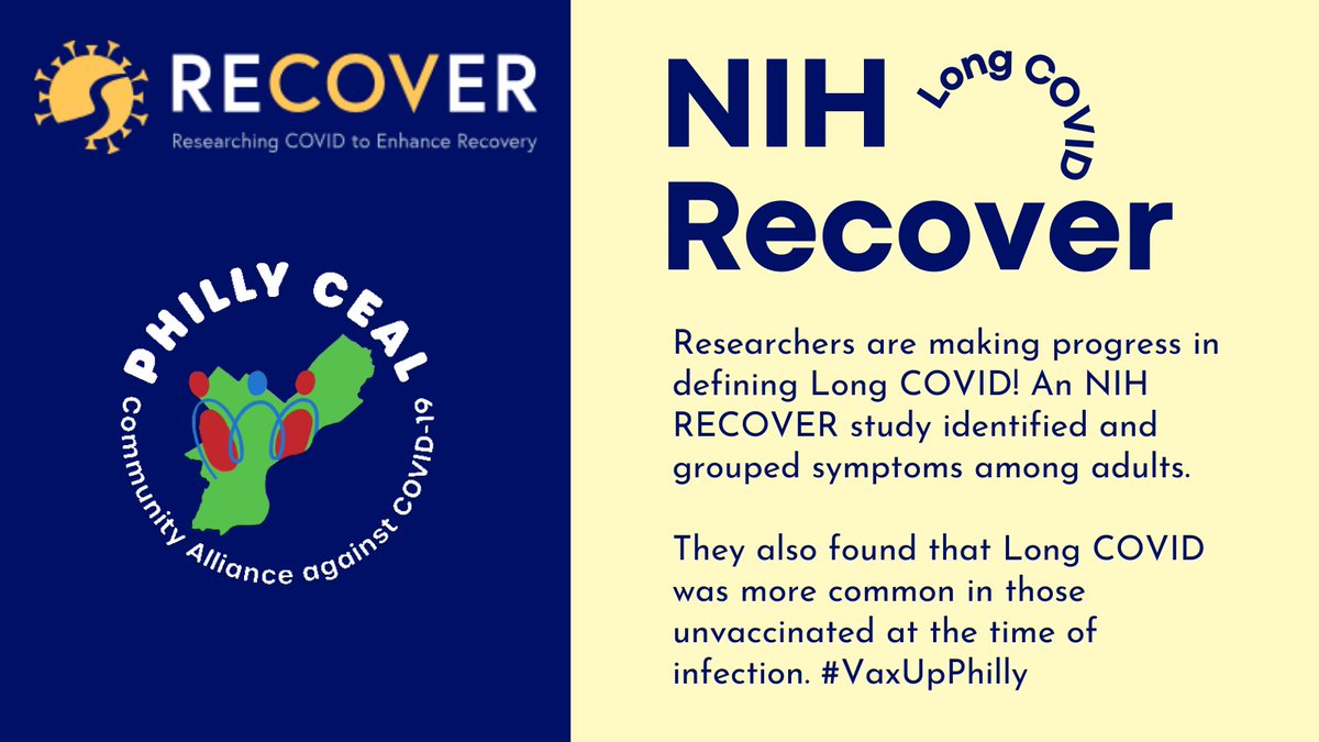 Researchers are making progress in defining Long COVID! An #NIHRECOVER study identified and grouped symptoms among adults.

They also found that Long COVID was more common in those unvaccinated at the time of infection. 

Source: ow.ly/GJLS50PE8le