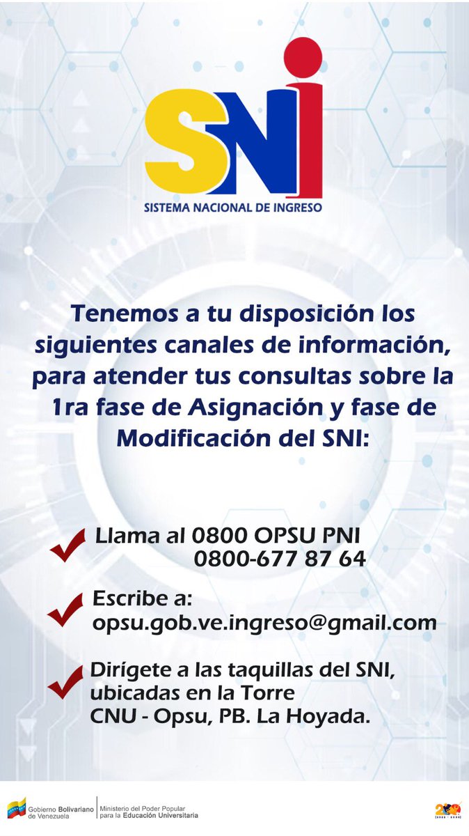 #ATENCIÓN📢| Ya están disponibles los resultados del Sistema Nacional de Ingreso (SNI).

Revisa tus datos en el sistema y consulta si has sido seleccionado en alguna de las opciones.👨‍💻

#VenezuelaEsPaz