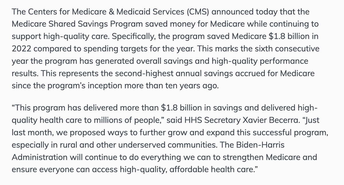 2/ After 10 years, we know what works in value-based care- allowing primary care to take accountability for the TOTAL cost and quality of care. 

The largest and most successful model is the MSSP- which is achieving the promise of better care at lower cost