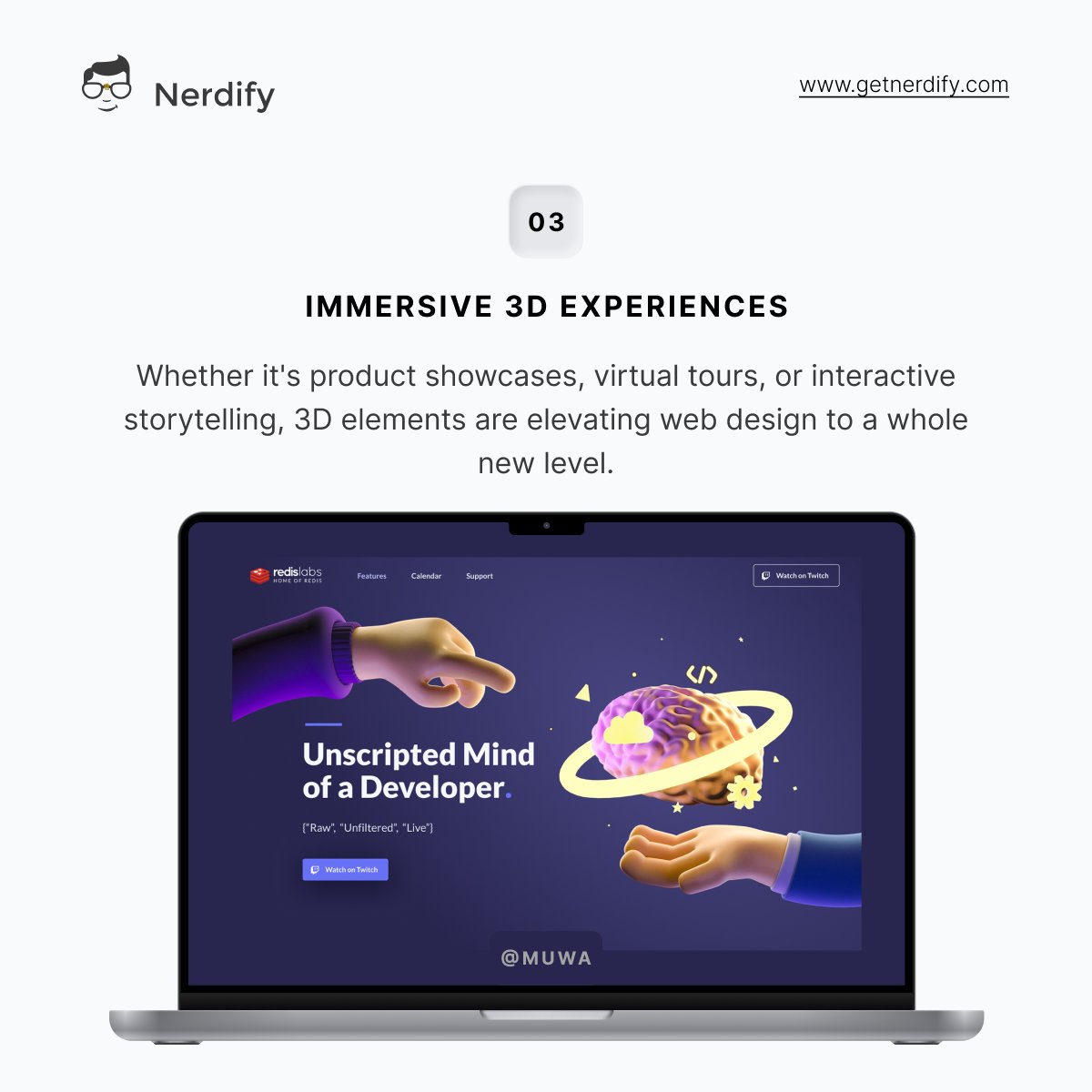 getnerdify's tweet photo. 🌐🔥Unveiling the Hottest Web Design Trends of 2023! Get ready to explore 3D elements, interactive storytelling, and futuristic aesthetics that will redefine your digital presence.

#GetNerdify #Nerdify #Webdesing #WebDesignTrends #Website #Webdevelopment #Programming #Coding https://t.co/r4guhLEmOl