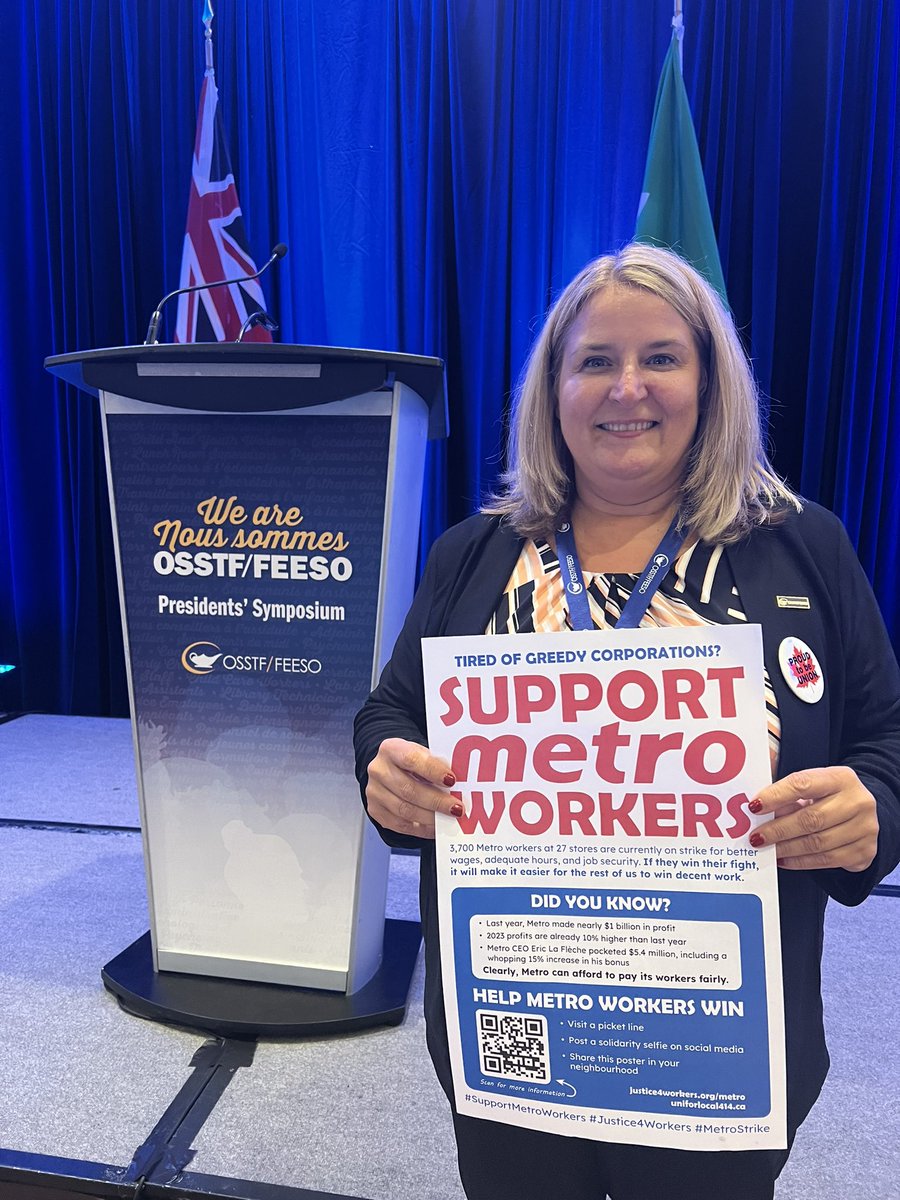 I stand in solidarity with @UniforTheUnion and Metro Workers because workers deserve their fair share of corporate profit. #metrostrike #justiceforworkers #osstf