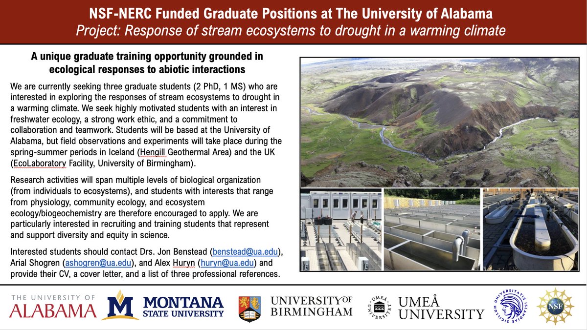DrArialShogren's tweet image. It’s officially official - we are looking for several graduate students to start at Alabama and Montana State to work on a funded project in Iceland! 🧊

Please reach out if you have any questions about these positions!

@UaDeptBSC @sfs_src @EmergeSfs