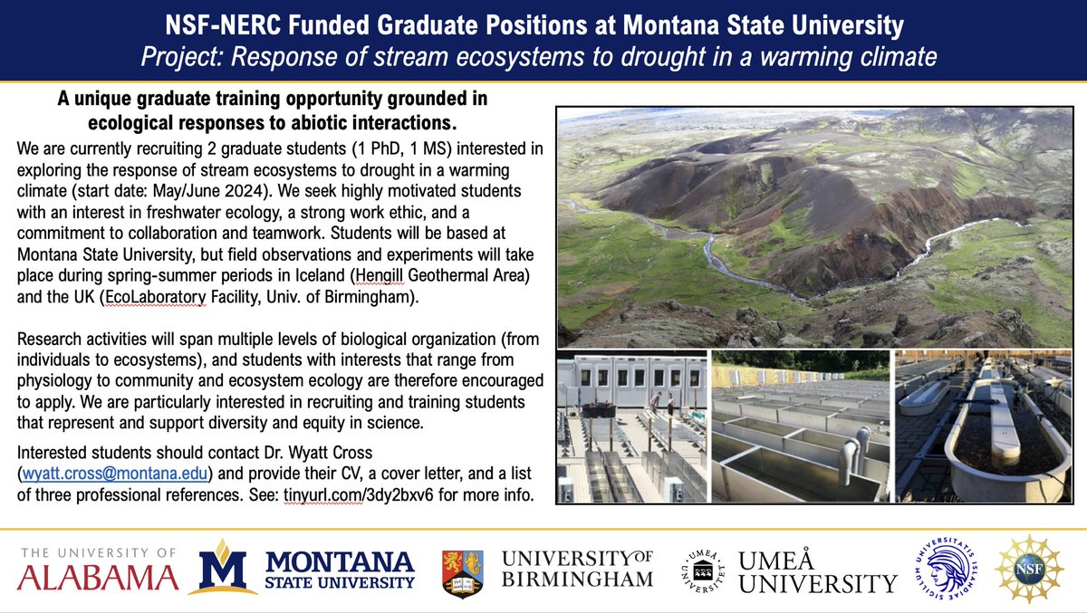It’s officially official - we are looking for several graduate students to start at Alabama and Montana State to work on a funded project in Iceland! 🧊 Please reach out if you have any questions about these positions! @UaDeptBSC @sfs_src @EmergeSfs