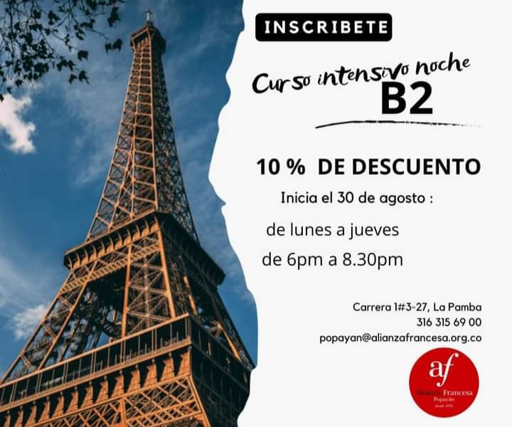 AFPopayan's tweet photo. 📢Continua el aprendizaje de Idioma Francés y certifícate🎓, no dejes pasar esta oportunidad¡🗼

Curso intensivo B2 jornada noche
Ven y matricúlate descuento 10%.

👉WhatsApp 3163156900
Comunícate¡

#afpopayanFrancesB2 #afpopayan #cursosdefrancespopayan #alianzafrancesapopayan https://t.co/T8EDO8Kn9Z