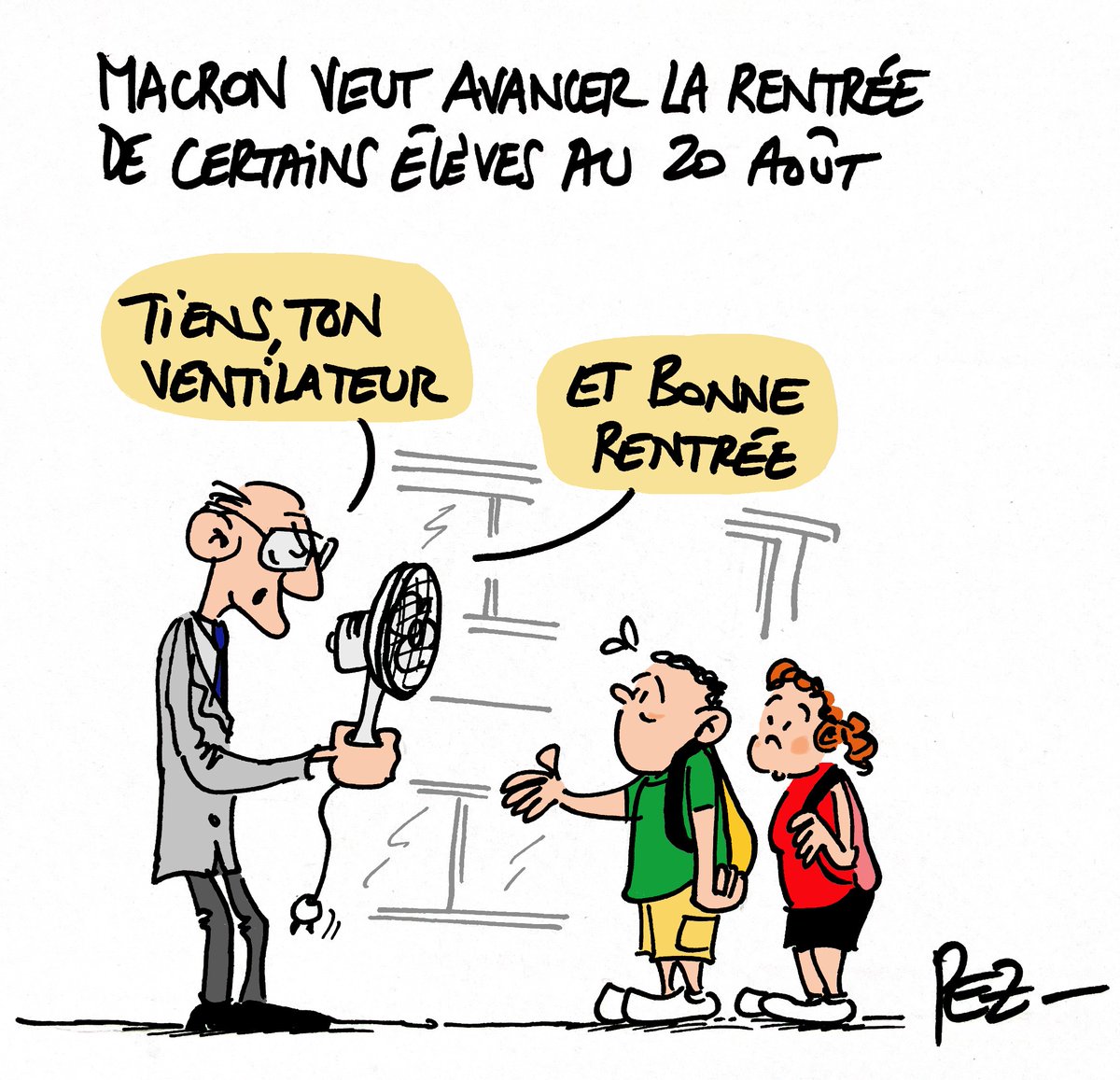 PEZdessinateur's tweet photo. #rentree #Macron #EducationNationale #rythmesscolaires #Attal #annonces #20aout #ecoliers #collegiens #lyceens #ecole #professeurs #ventilateur #canicule #meteo #rechauffementclimatique #DessindePresse #dessin https://t.co/g5kAVDlOO2