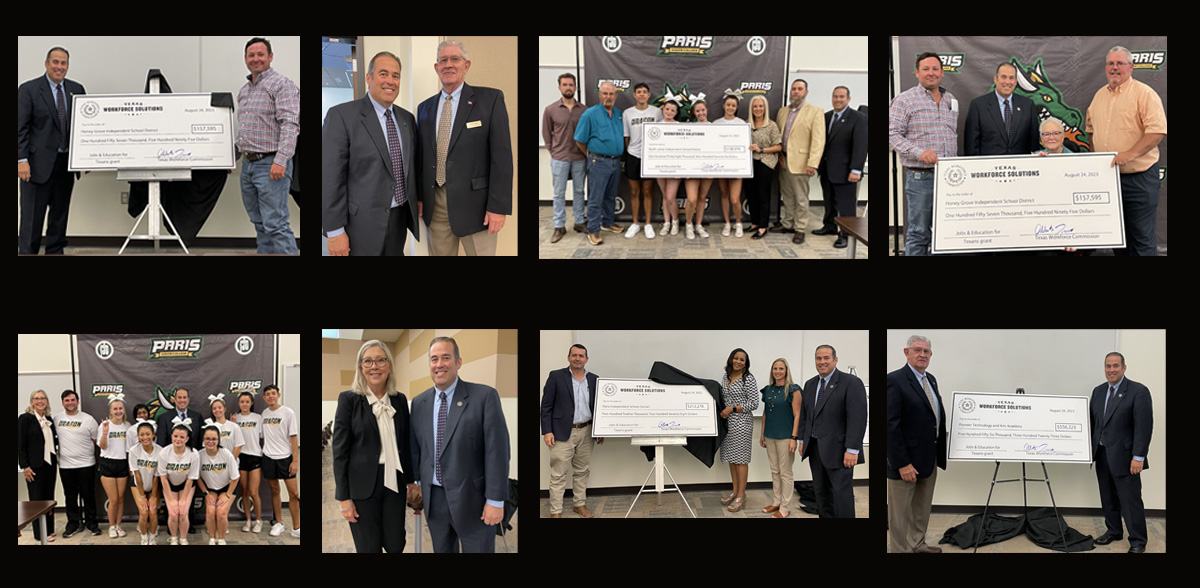 TrevinoTWCLabor's tweet photo. We are celebrating Jobs and Education for Texans grants with big checks totaling $1,355.642 at @ParisJC . #Texasworkforce #TreviñoAcrossTX https://t.co/lejCPJYlQm