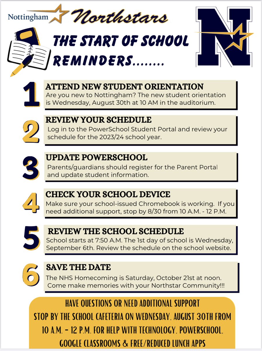 Welcome back reminders for NORTHSTARS!