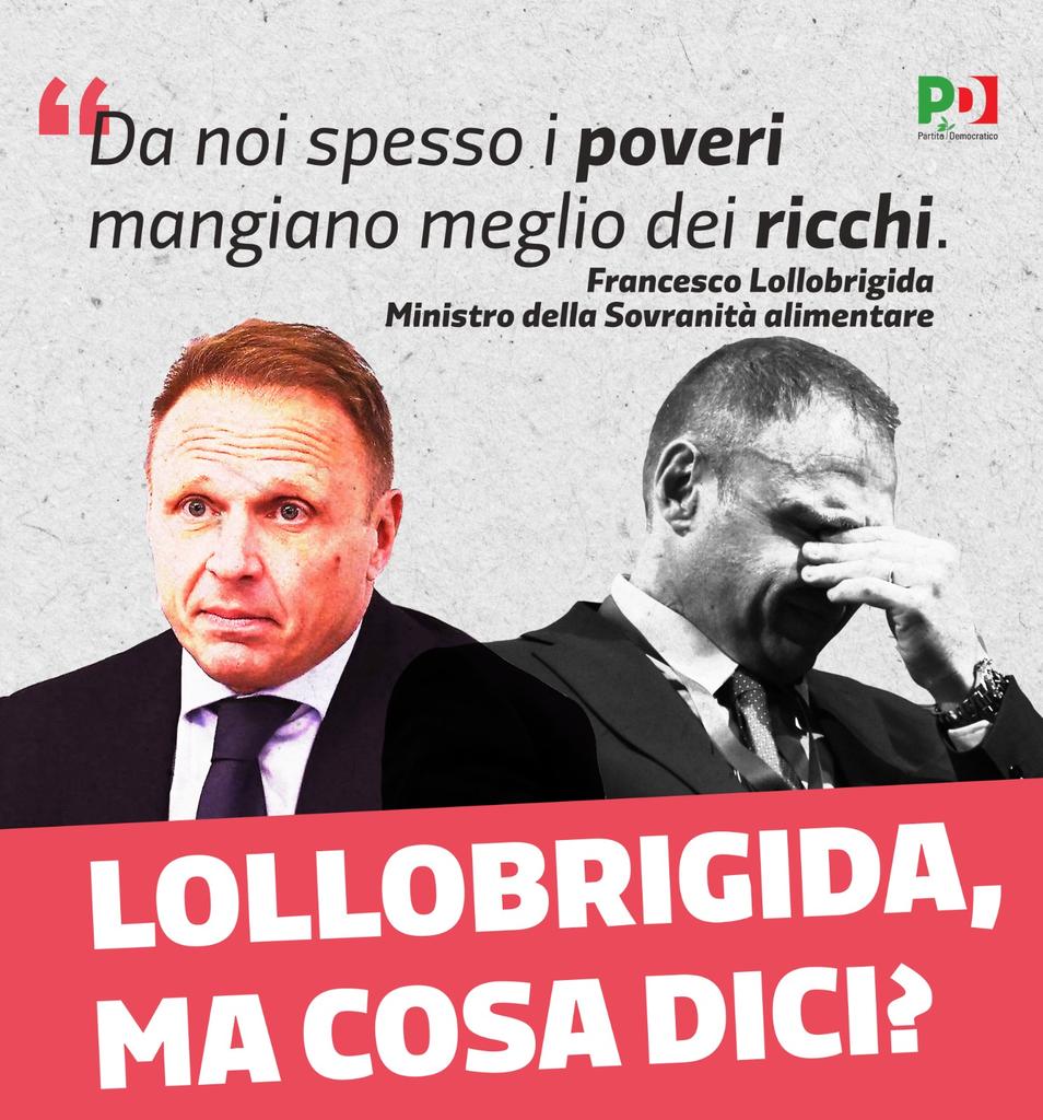Per #Lollobrigida ''i poveri spesso mangiano meglio dei ricchi". Sembra una barzelletta. Ma c'è poco da ridere, perché la povertà alimentare è allarmante. 
5,6 mln di italiani vivono in uno stato di insicurezza alimentare. Il Governo non lo sa, perché è disconnesso con la realtà.