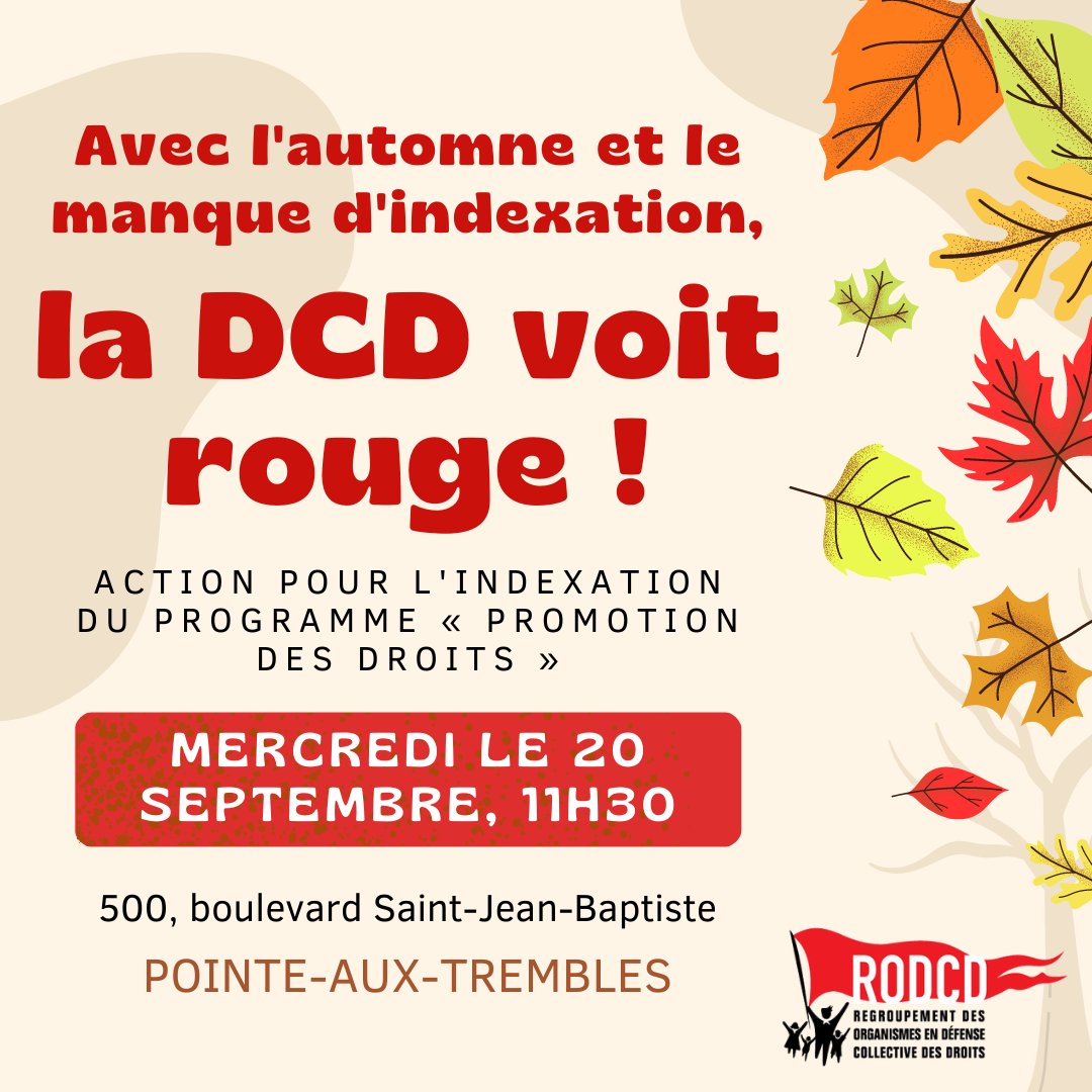 _RODCD's tweet image. 📅 Le 20 septembre prochain, rejoignez-nous en grand nombre à Montréal pour une action pour l'indexation de nos subventions. Cet automne, la DCD voit rouge !
Événement Facebook : fb.me/e/10eJvj0Fh