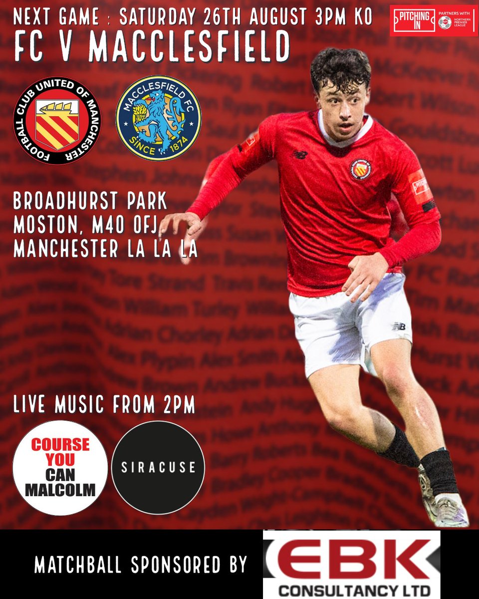 ⚽ Next game: Macclesfield

We welcome <a href="/thesilkmen/">Macclesfield FC (C)</a> to Broadhurst on Saturday and it's going to be a cracker!

📆 Sat 26th Aug
🕒 3pm ko, 1pm gate
🎸 @malcolmses ft <a href="/siracusemusic/">SIRACUSE</a>

Full details ⤵️
fc-utd.co.uk/news-story/mat…

You don't want to miss it!

🟥🟥⬜⬛⬜🟥🟥