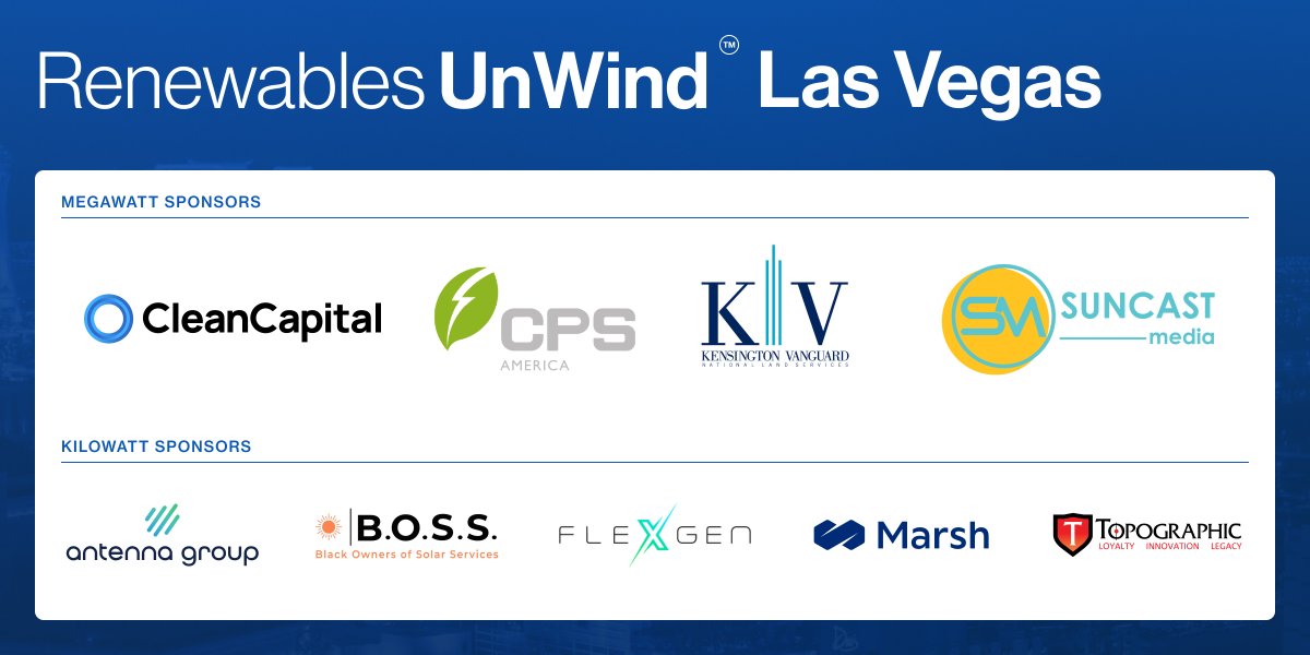 RenewUnWind's tweet photo. We're excited to announce another UnWind event during the @REPlusEvents conference in Las Vegas. 

@CleanCapital_, @CPS_America, KV National National Land Services, LLC., @SuncastPodcast, @AntennaGroup, B.O.S.S., @FlexGenPower, @MarshGlobal, and Topographic. Register early! https://t.co/PVp0cOCrBh