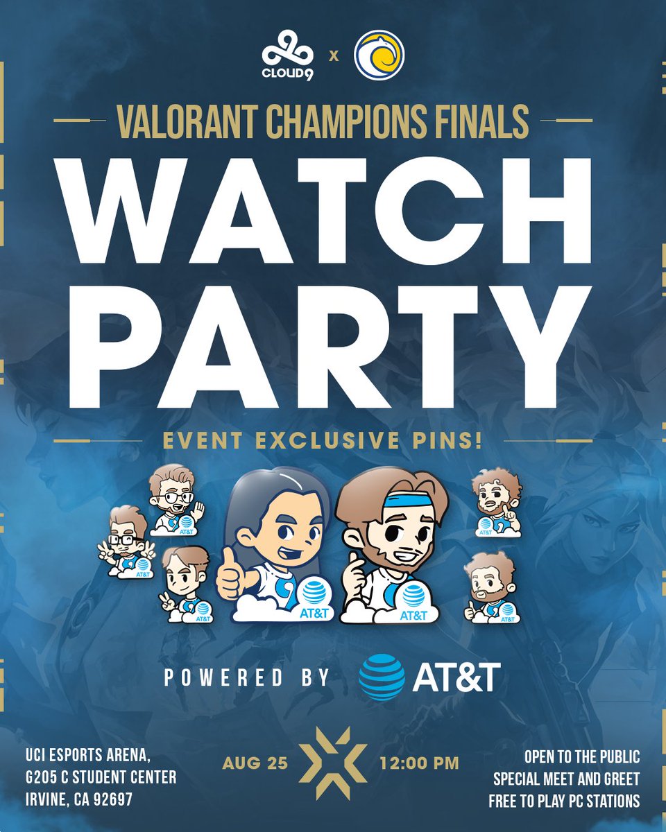 Attend our @uciesports watch parties presented by @ATT and get these pins for FREE! 👀 Our next ones are on 8/25 and 8/26 for the VCT Champions finals! 📩 RSVP: c9.gg/wp-rsvp