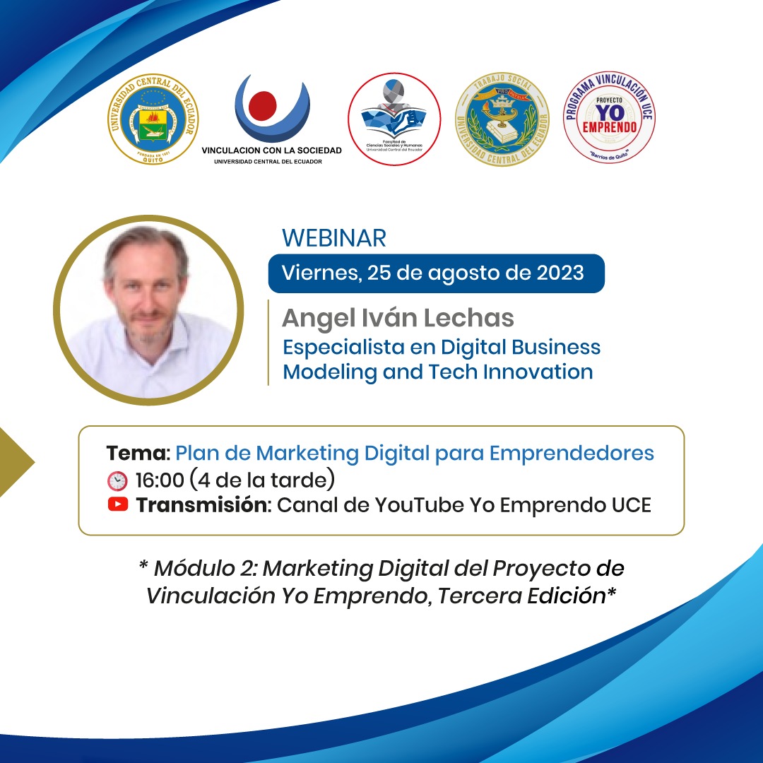 Mañana| 25-08-2023 a las 16:00 <a href="/alolechas/">Ángel Iván</a> impartirá un #MasterClass sobre #Plan de #MarketingDigital para emprendedores, en la 2da y última clase del II Módulo de #MarketingDigital de <a href="/YoEmprendoUCE/">YoEmprendoUCE</a> de <a href="/lacentralec/">Universidad Central del Ecuador</a> En vivo por: youtube.com/@yoemprendouce…
