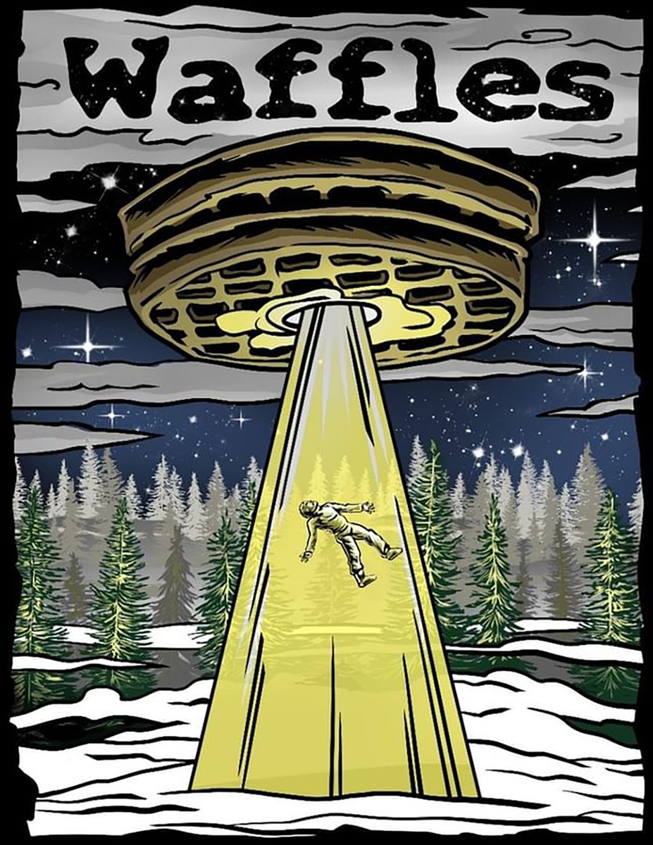 Kicking off our WSH Artist Collab project. First release (of 15) #art by Werner Mueck, inspired by #Waffles off our album, Move. Individual sticker available for 24 hours before it goes in grab bag sticker packs only #NationalWaffleDay #UFO #Abduction Shop widespreadhaze.com/merch