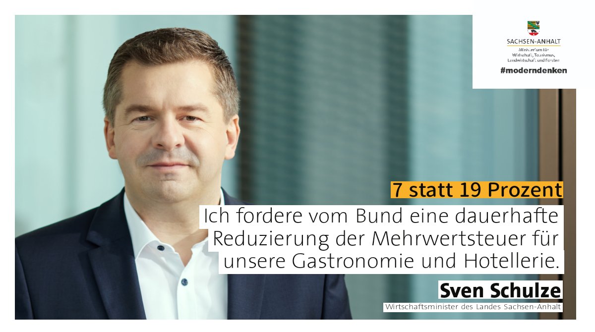 Minister Sven Schulze fordert vom Bund, die Reduzierung der #MwSt auf 7 % für die #Gastronomie und Hotellerie beizubehalten. Sollte das Kabinett seinem Vorschlag folgen, könnte #SachsenAnhalt einer aktuell laufenden Bundesratsinitiative beitreten.
➡️ Mehr: mwl.sachsen-anhalt.de/news-detail/wi…